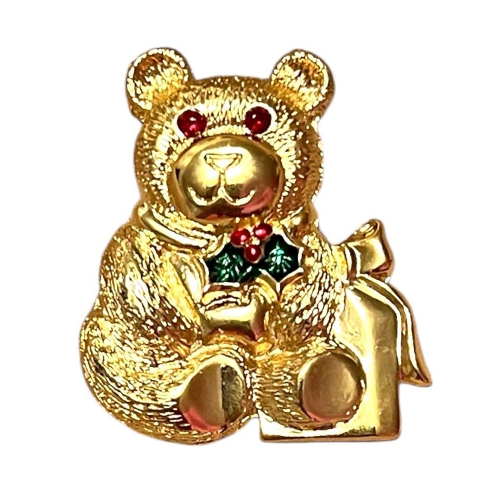 Gold Teddy Bear With Present Christmas Brooch